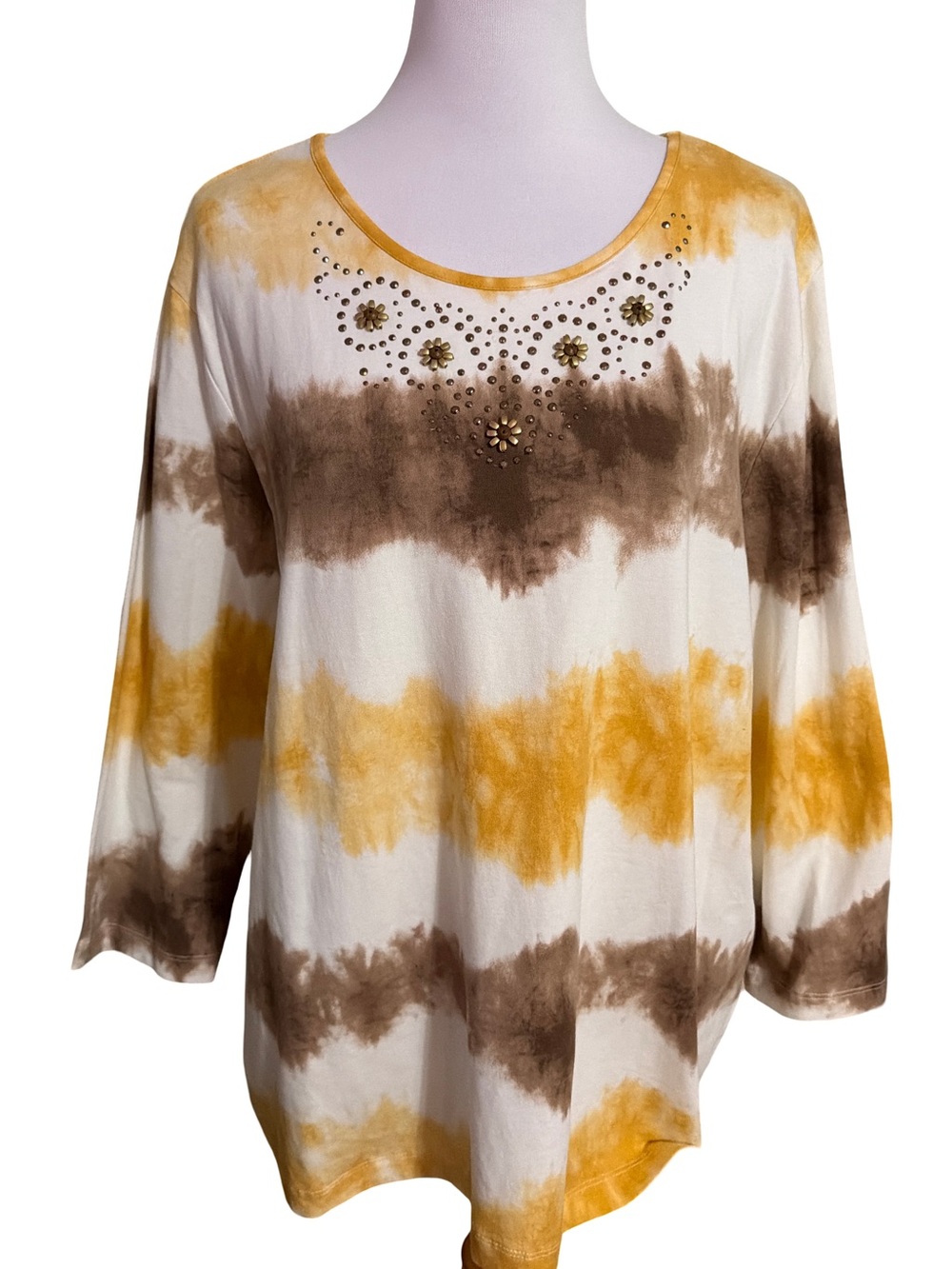 Alfred Dunner Yellow & Brown Tie-Dye Scoop Neck Top with Studs